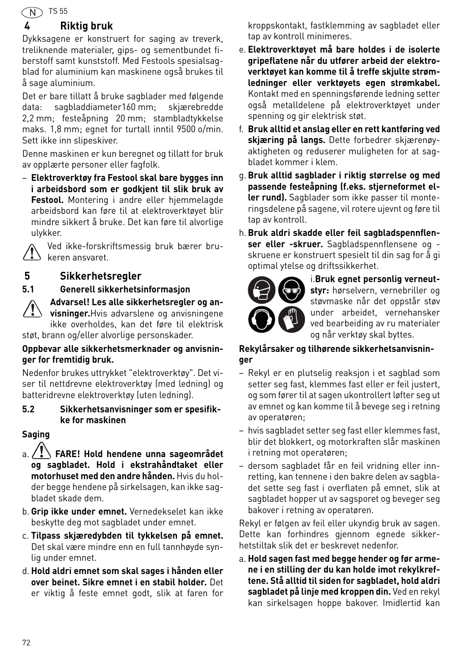 Riktig bruk, Sikkerhetsregler | Festool TS 55 R User Manual | Page 72 / 116