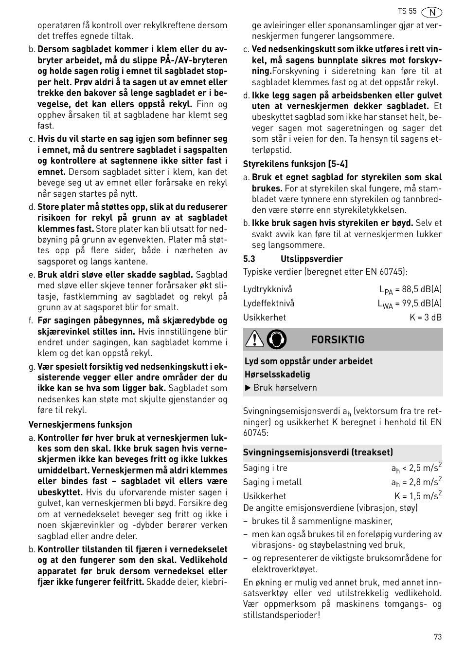 Forsiktig | Festool TS 55 R User Manual | Page 73 / 116