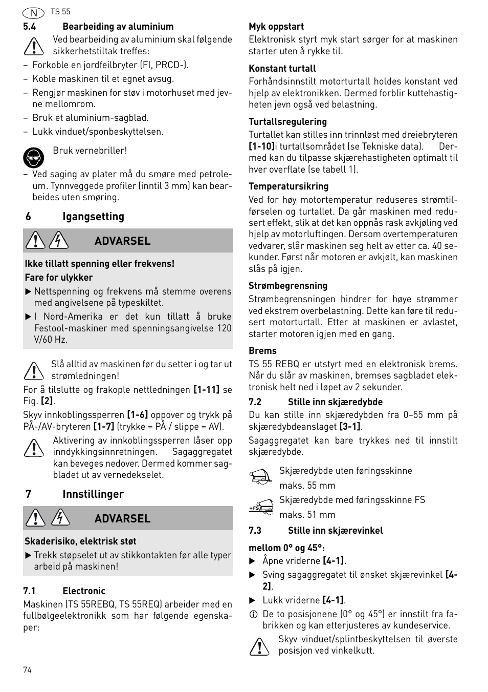 Igangsetting, Innstillinger | Festool TS 55 R User Manual | Page 74 / 116