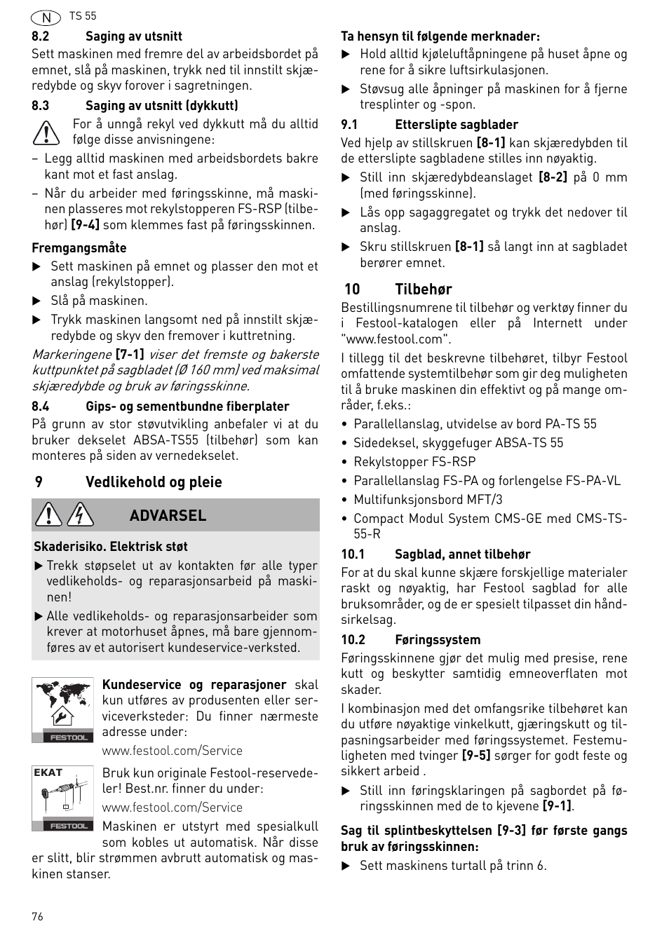 Vedlikehold og pleie, Tilbehør, 9vedlikehold og pleie | 10 tilbehør, Advarsel | Festool TS 55 R User Manual | Page 76 / 116