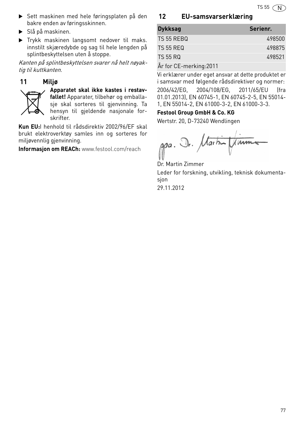 Miljø, Eu-samsvarserklæring | Festool TS 55 R User Manual | Page 77 / 116