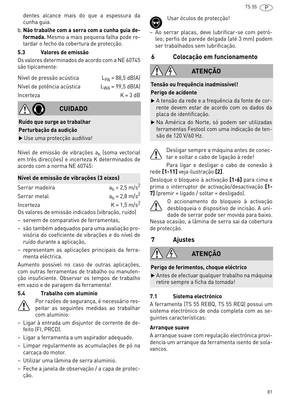 Colocação em funcionamento, Ajustes | Festool TS 55 R User Manual | Page 81 / 116