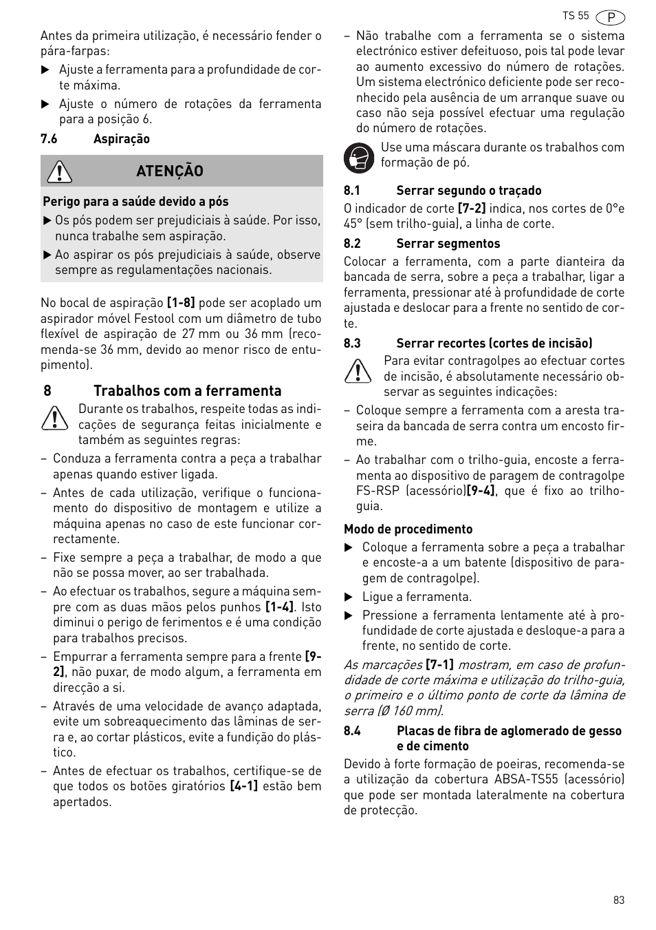 Trabalhos com a ferramenta | Festool TS 55 R User Manual | Page 83 / 116