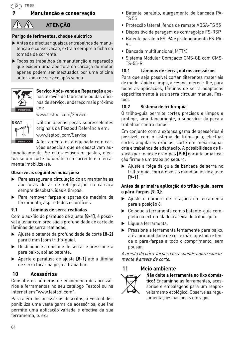 Manutenção e conservação, Acessórios, Meio ambiente | 9manutenção e conservação, 10 acessórios, 11 meio ambiente, Atenção | Festool TS 55 R User Manual | Page 84 / 116