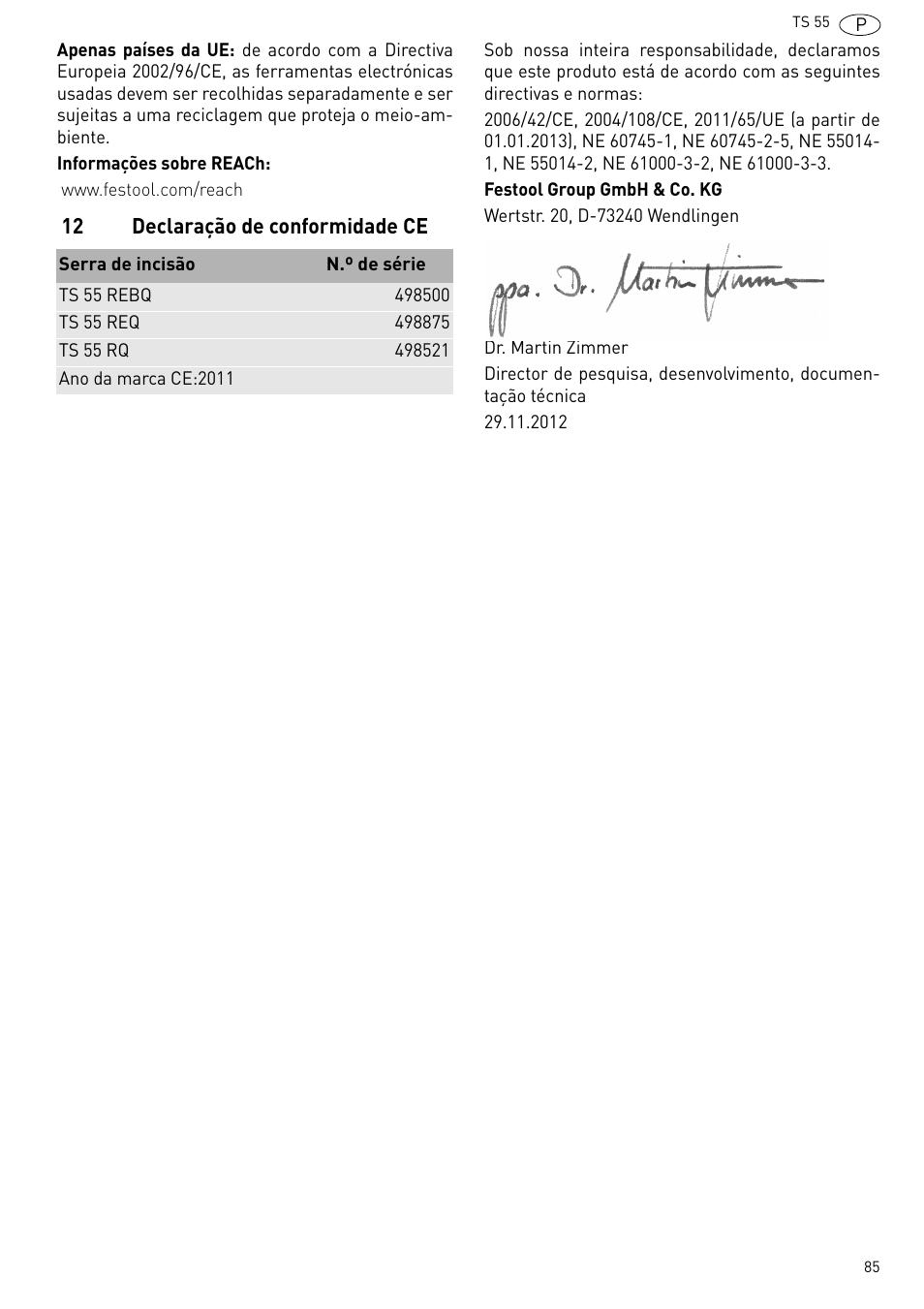 Declaração de conformidade ce | Festool TS 55 R User Manual | Page 85 / 116