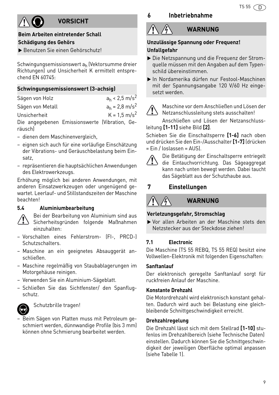Inbetriebnahme, Einstellungen | Festool TS 55 R User Manual | Page 9 / 116