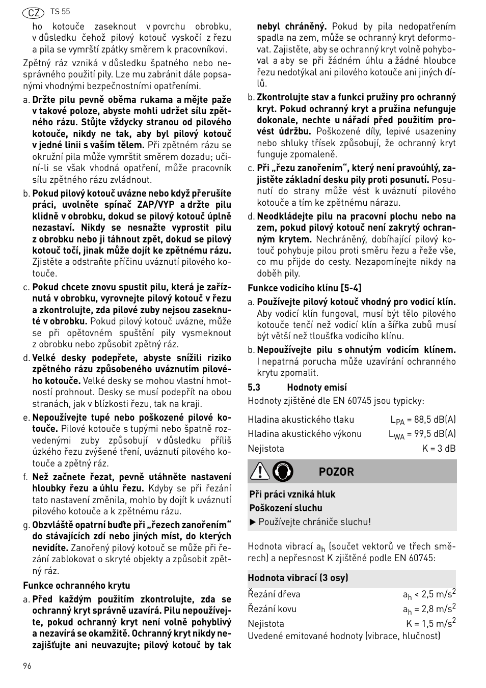 Pozor | Festool TS 55 R User Manual | Page 96 / 116