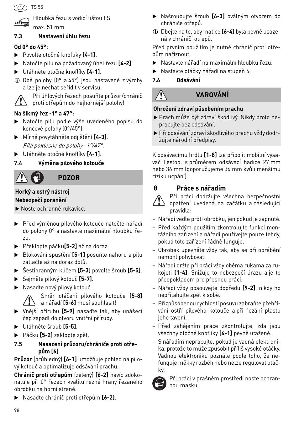 Práce s nářadím, 8práce s nářadím, Pozor | Varování | Festool TS 55 R User Manual | Page 98 / 116