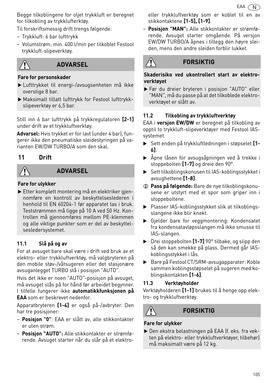 Drift, 11 drift, Advarsel | Forsiktig | Festool Power box User Manual | Page 105 / 164