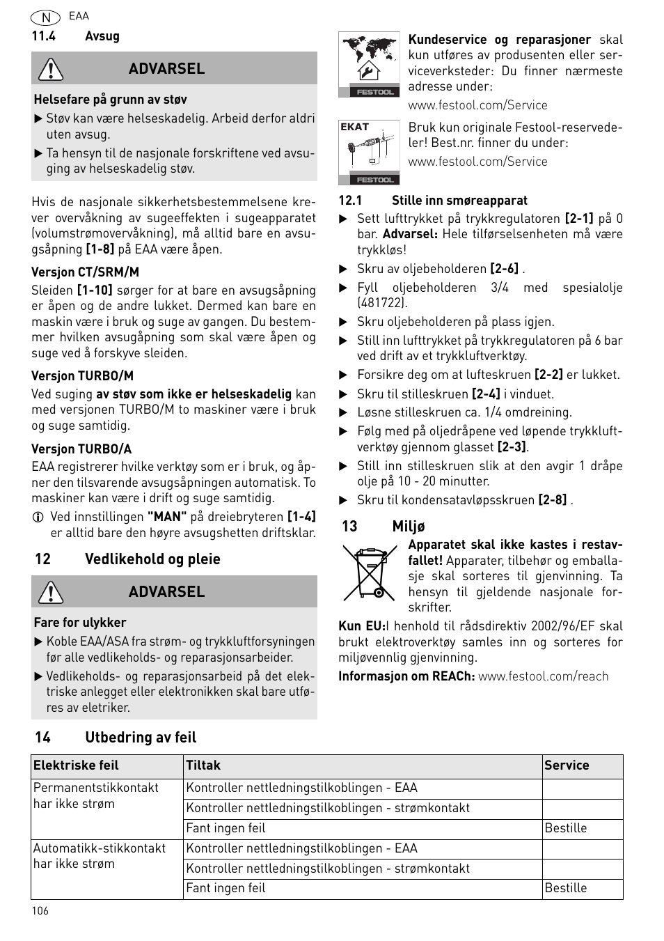 Vedlikehold og pleie, 1 stille inn smøreapparat, Miljø | Utbedring av feil, 12 vedlikehold og pleie, 13 miljø, 14 utbedring av feil advarsel, Advarsel | Festool Power box User Manual | Page 106 / 164