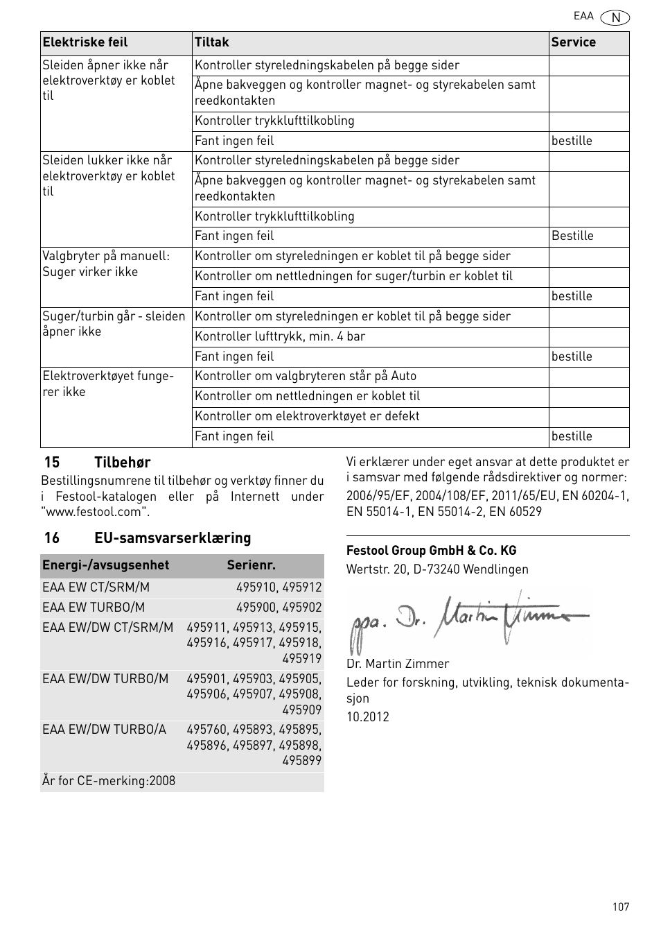 Tilbehør, Eu-samsvarserklæring | Festool Power box User Manual | Page 107 / 164