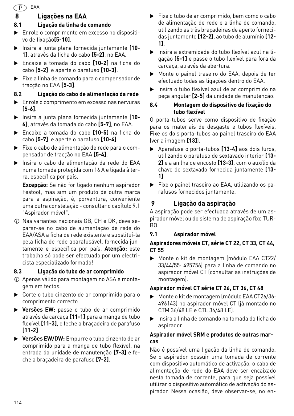 Ligações na eaa, Ligação da aspiração, 8ligações na eaa | 9ligação da aspiração | Festool Power box User Manual | Page 114 / 164