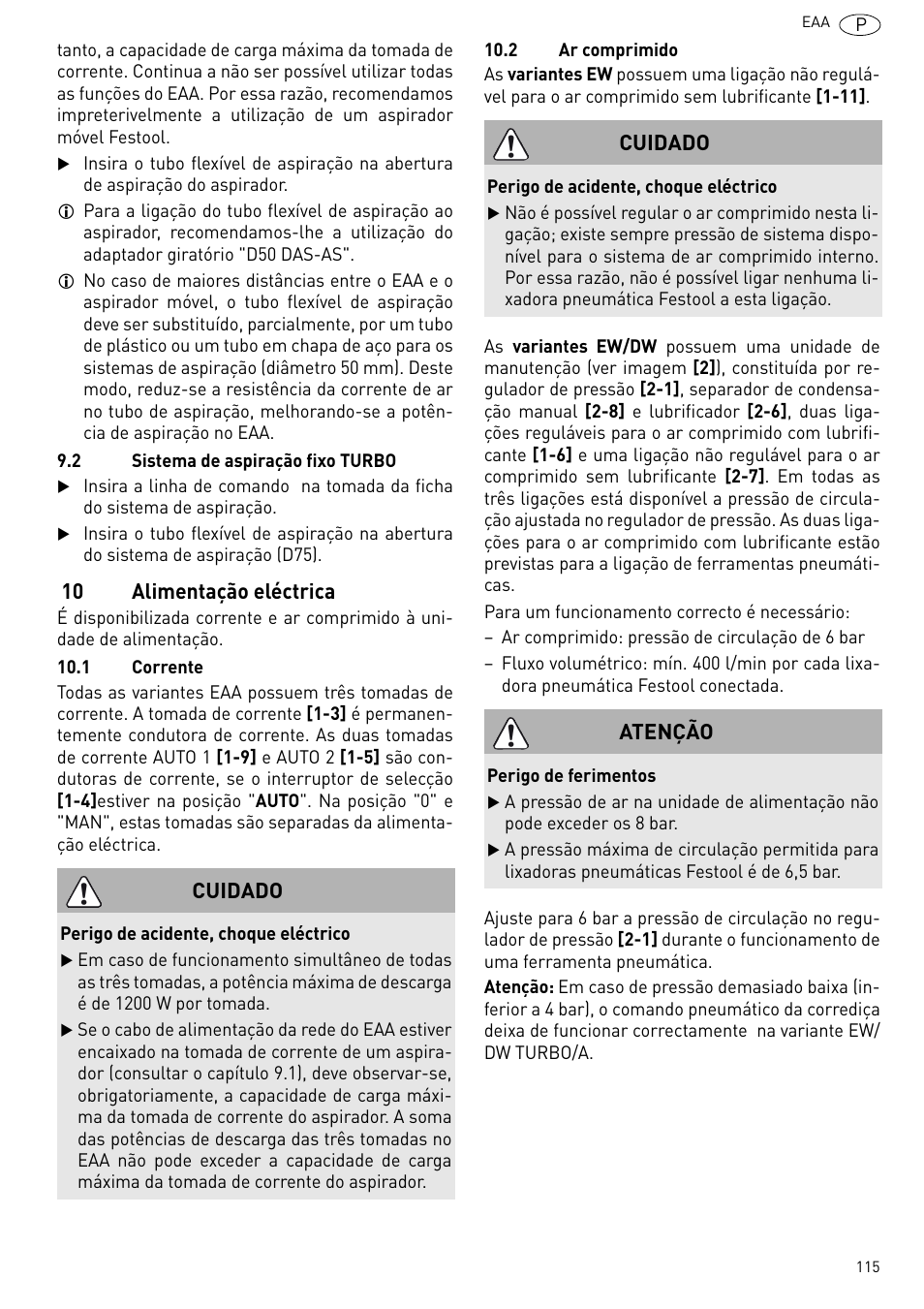 Alimentação eléctrica, 10 alimentação eléctrica, Cuidado | Atenção | Festool Power box User Manual | Page 115 / 164