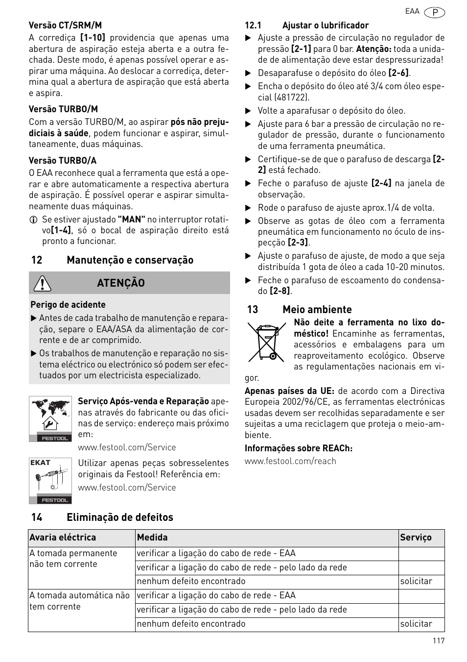 Manutenção e conservação, Meio ambiente, Eliminação de defeitos | 12 manutenção e conservação, 13 meio ambiente, 14 eliminação de defeitos atenção | Festool Power box User Manual | Page 117 / 164