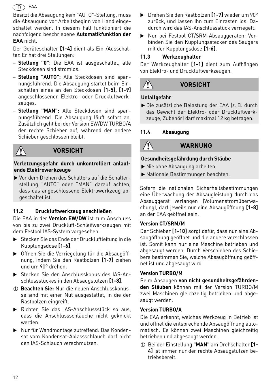 Vorsicht, Warnung | Festool Power box User Manual | Page 12 / 164
