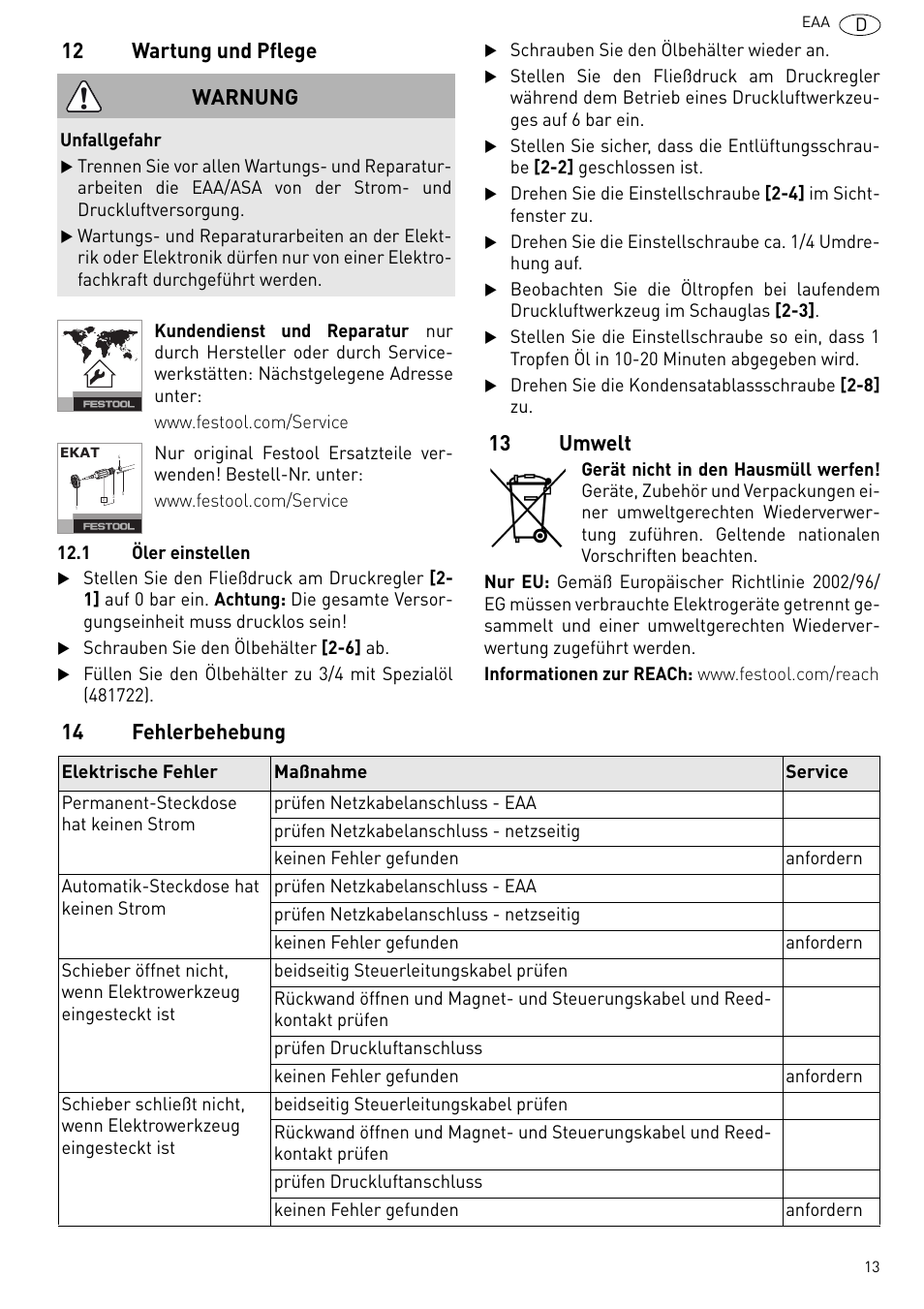 Wartung und pflege, Umwelt, Fehlerbehebung | 12 wartung und pflege, 13 umwelt, 14 fehlerbehebung warnung | Festool Power box User Manual | Page 13 / 164