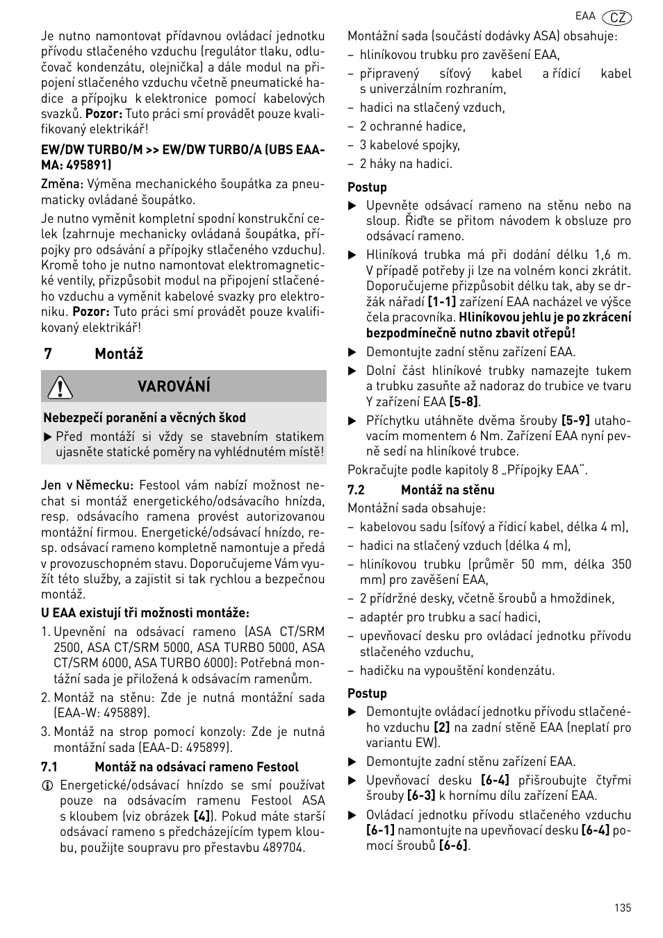 Montáž, 7montáž, Varování | Festool Power box User Manual | Page 135 / 164