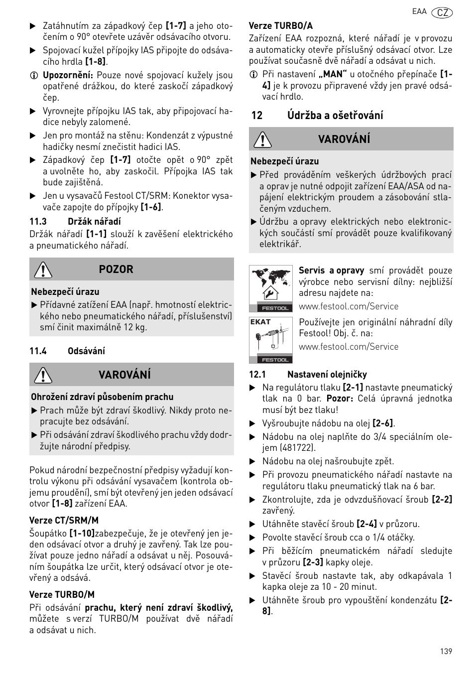 Údržba a ošetřování, 12 údržba a ošetřování, Pozor | Varování | Festool Power box User Manual | Page 139 / 164