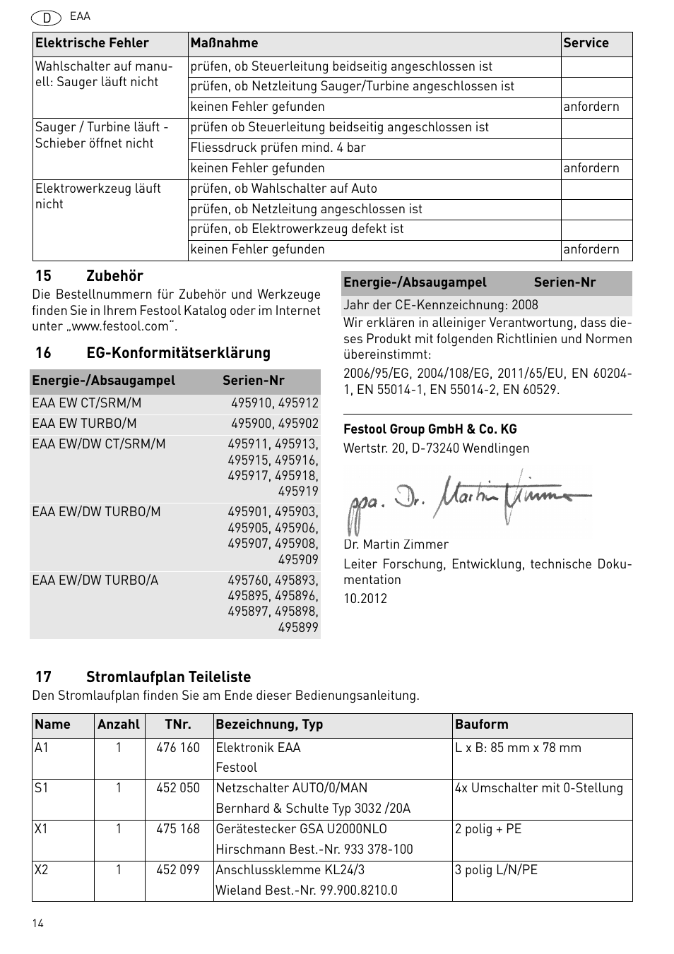 Zubehör, Eg-konformitätserklärung, Stromlaufplan teileliste | Festool Power box User Manual | Page 14 / 164