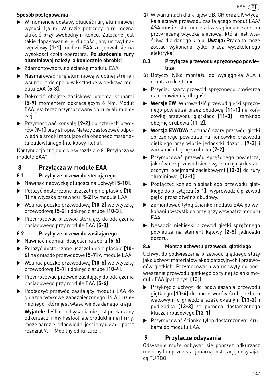 Przyłącza w module eaa, Przyłącze odsysania, 8przyłącza w module eaa | 9przyłącze odsysania | Festool Power box User Manual | Page 147 / 164