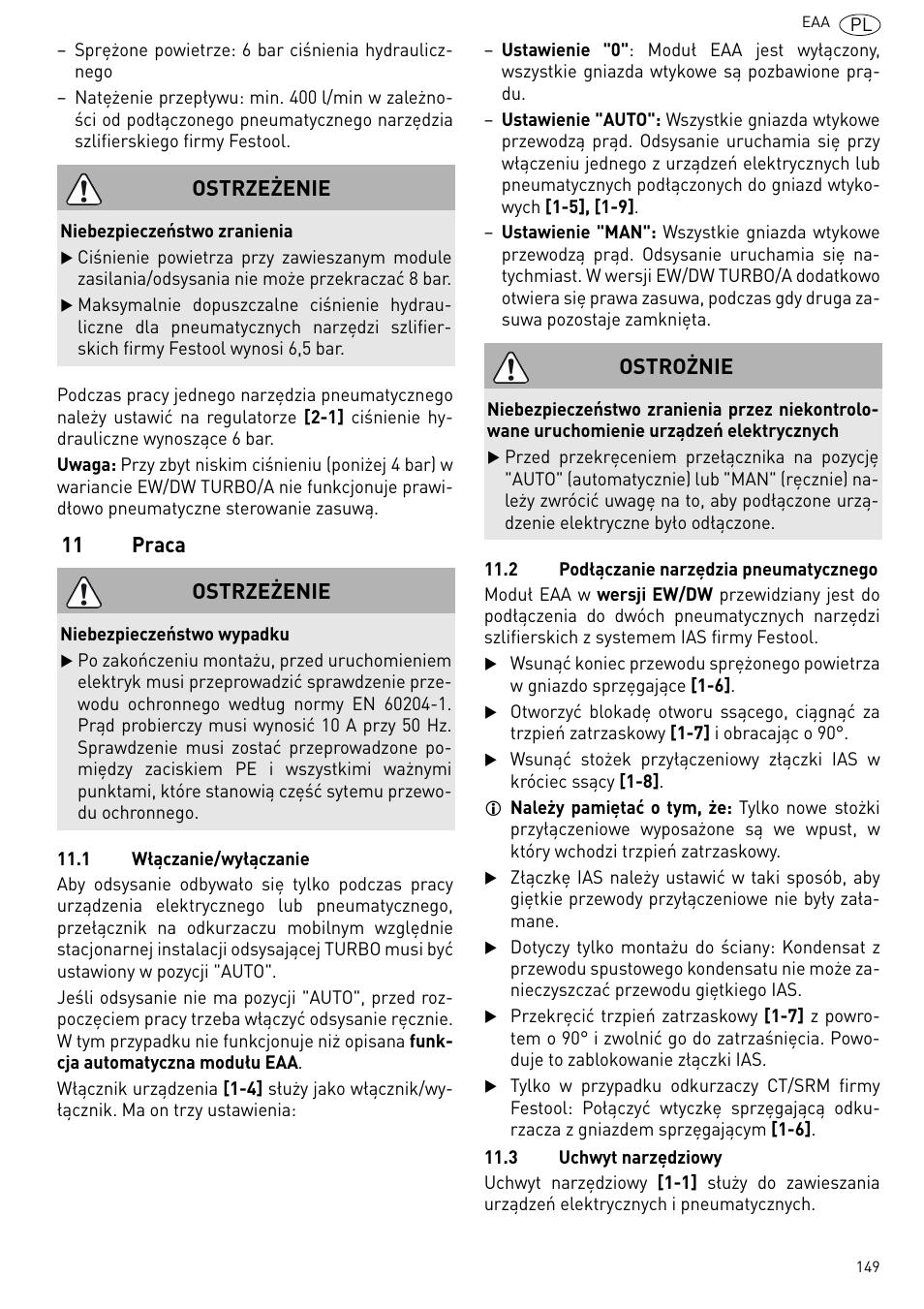 Praca, 11 praca, Ostrzeżenie | Ostrożnie | Festool Power box User Manual | Page 149 / 164