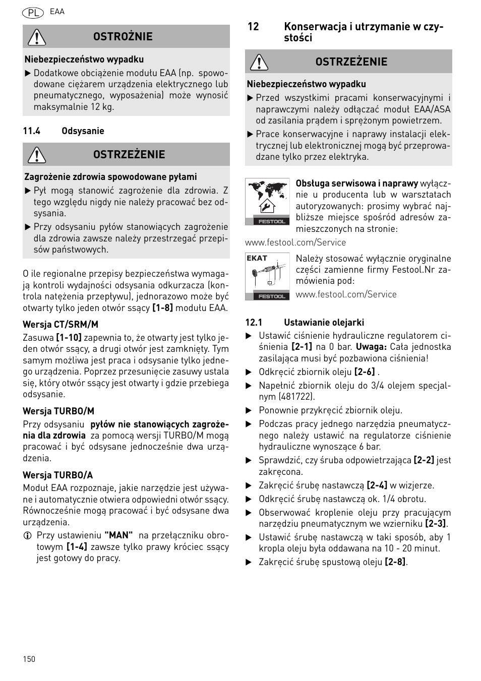 Konserwacja i utrzymanie w czystości 150, 12 konserwacja i utrzymanie w czy- stości, Ostrożnie | Ostrzeżenie | Festool Power box User Manual | Page 150 / 164