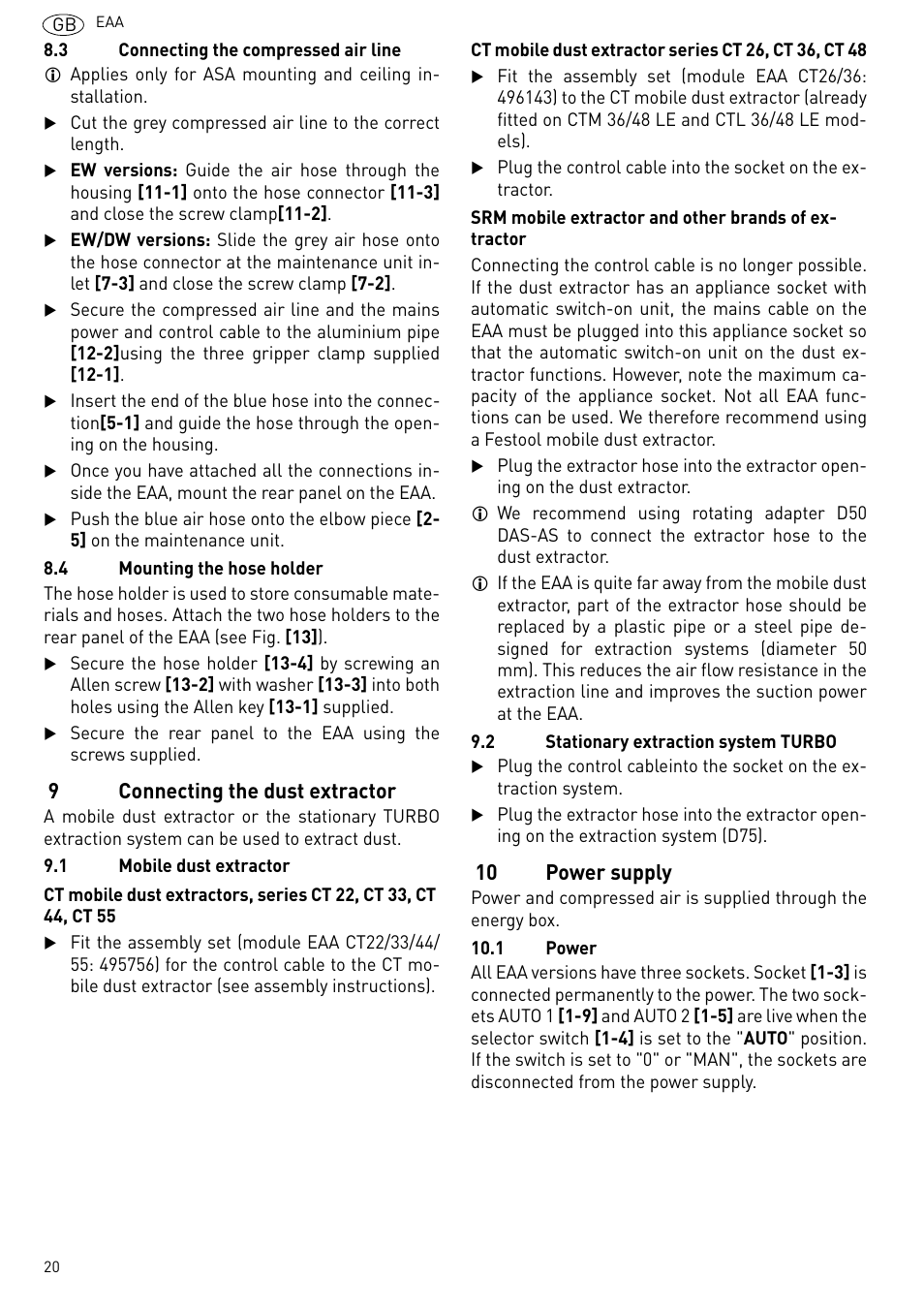 Connecting the dust extractor, Power supply, S (see chapter 8.4) | 1 "mobile dust extractor, 9connecting the dust extractor, 10 power supply | Festool Power box User Manual | Page 20 / 164