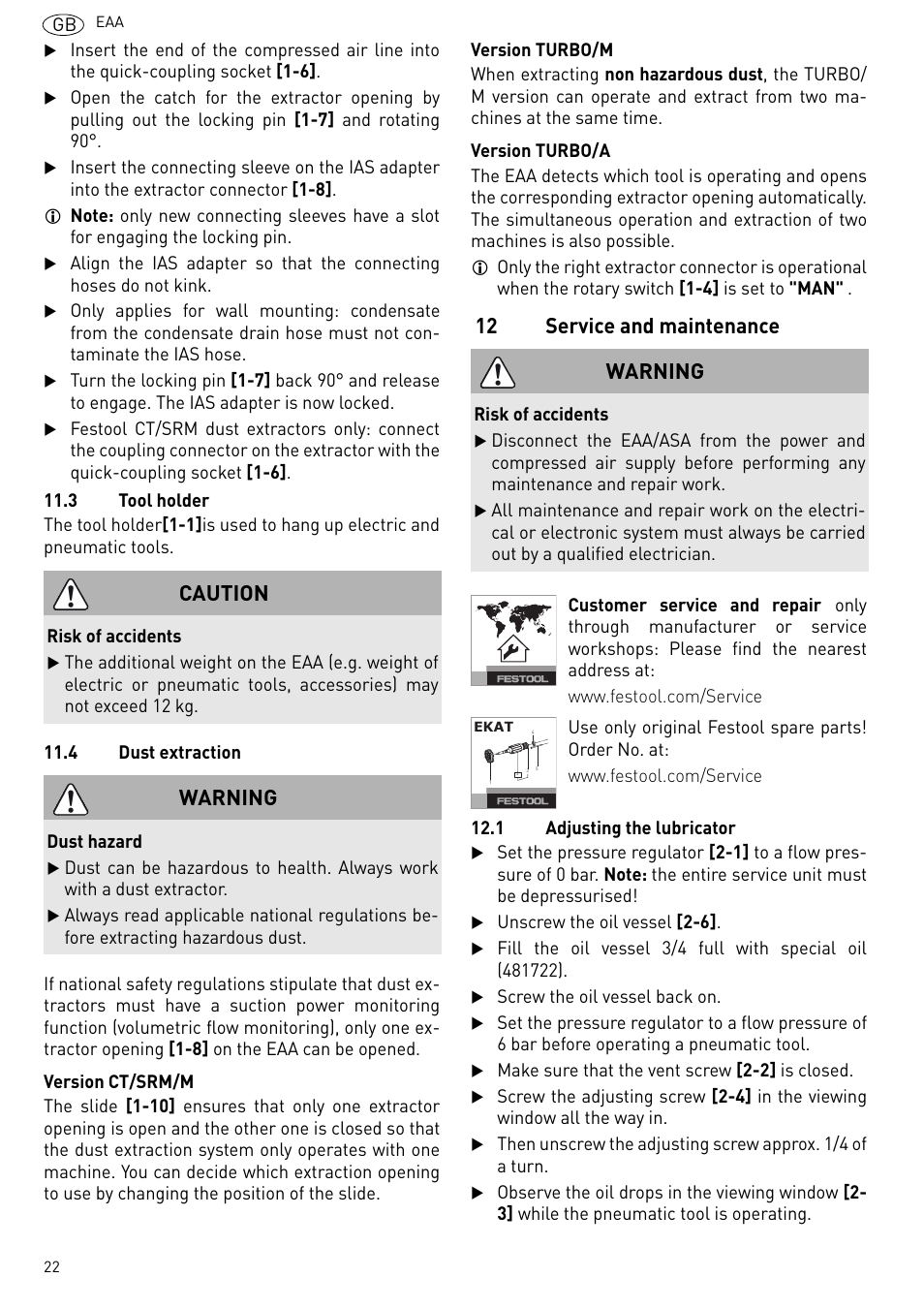 Service and maintenance, 12 service and maintenance, Caution | Warning | Festool Power box User Manual | Page 22 / 164
