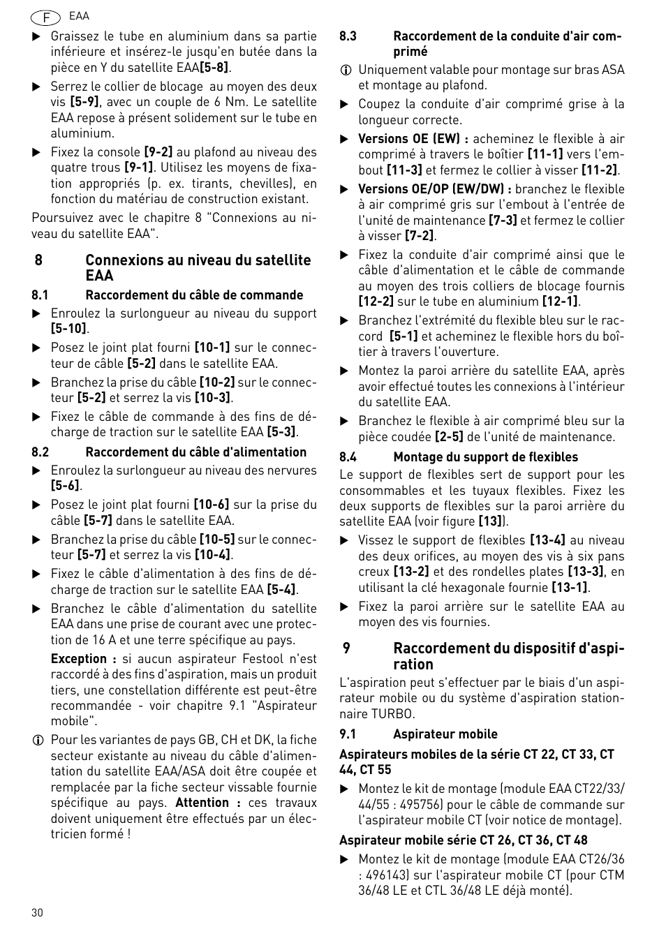 Connexions au niveau du satellite eaa, Raccordement du dispositif d'aspiration 30, 8connexions au niveau du satellite eaa | 9raccordement du dispositif d'aspi- ration | Festool Power box User Manual | Page 30 / 164