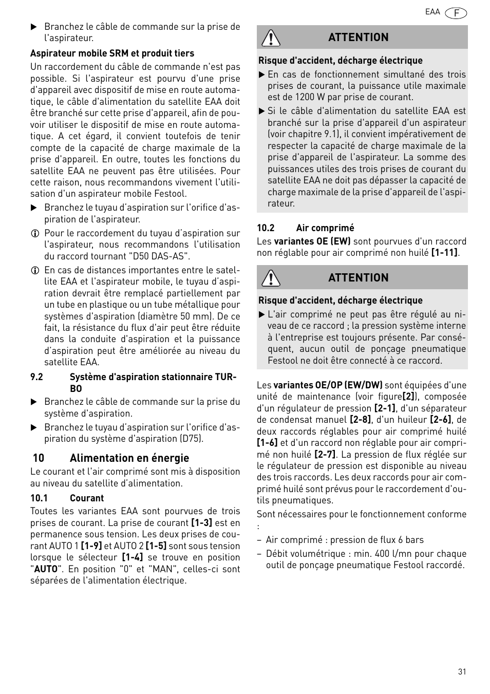 10 alimentation en énergie, Attention | Festool Power box User Manual | Page 31 / 164