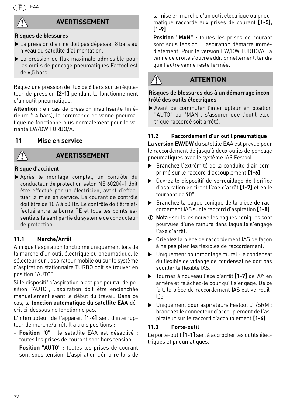 11 mise en service, Avertissement, Attention | Festool Power box User Manual | Page 32 / 164