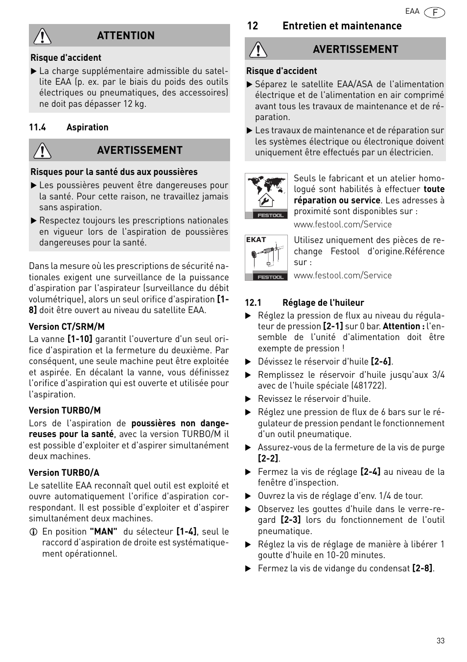12 entretien et maintenance, Attention, Avertissement | Festool Power box User Manual | Page 33 / 164