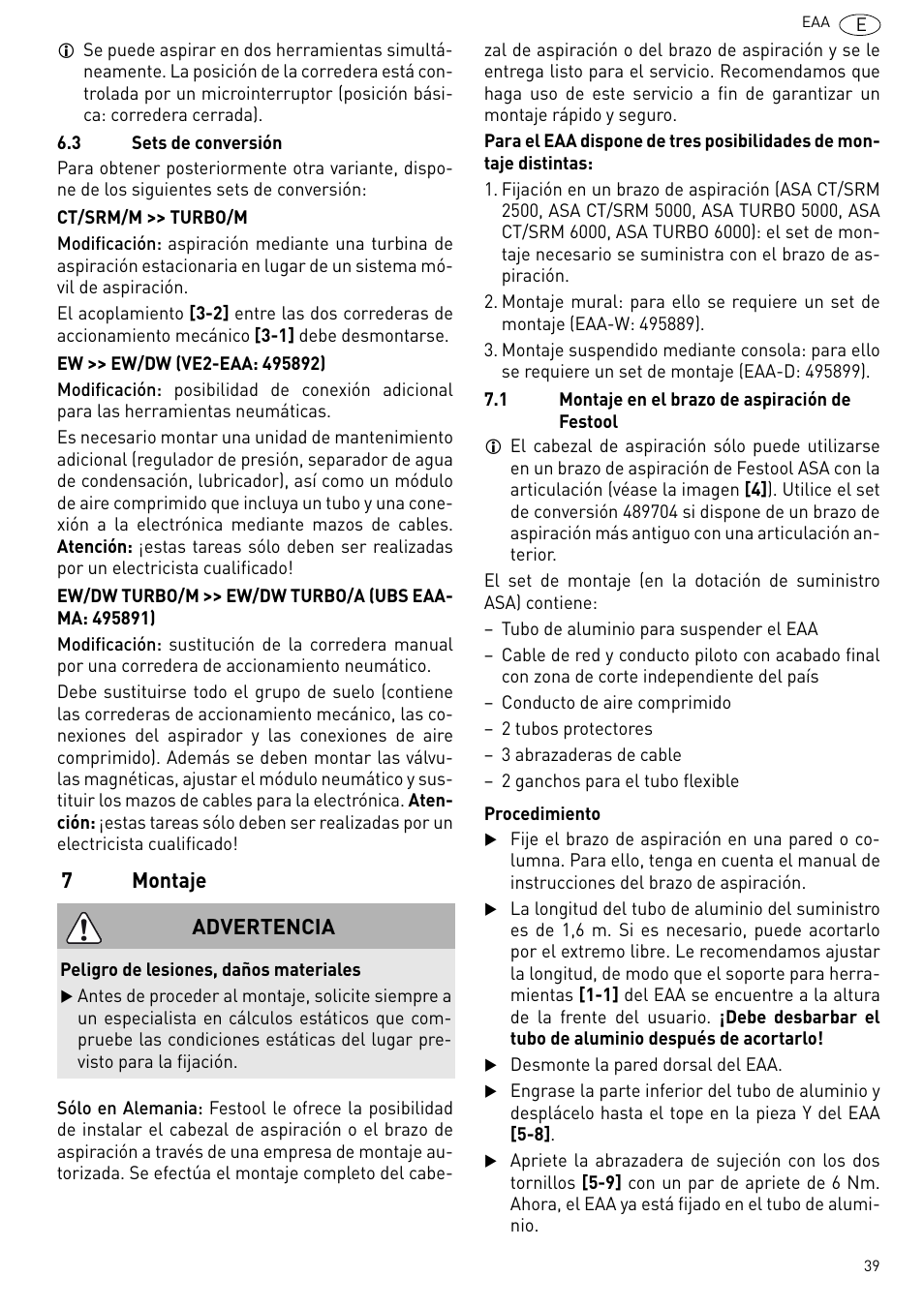 Montaje, 7montaje, Advertencia | Festool Power box User Manual | Page 39 / 164