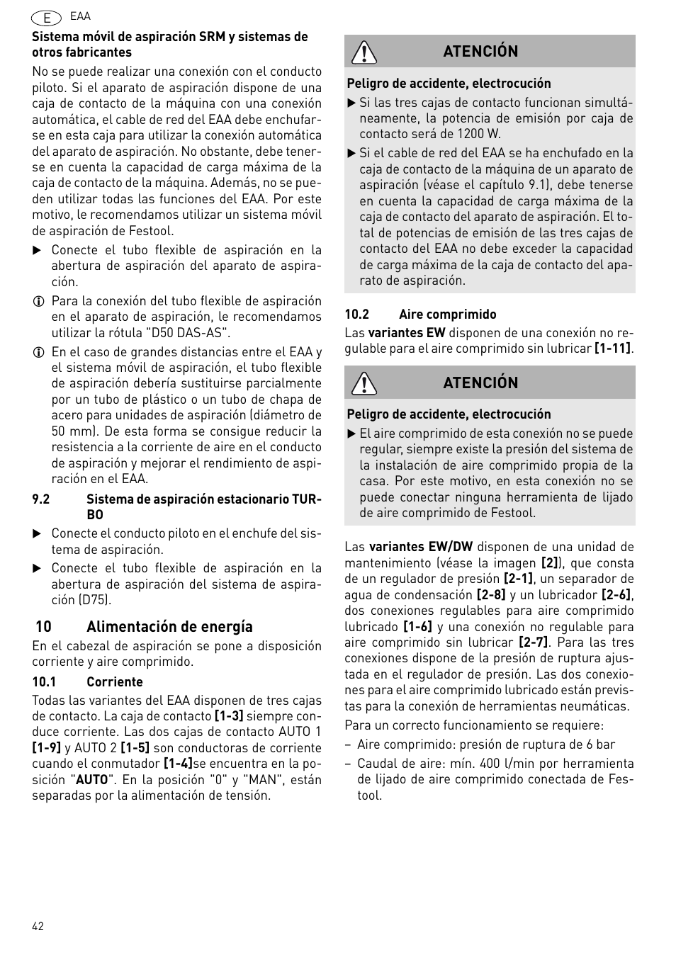 10 alimentación de energía, Atención | Festool Power box User Manual | Page 42 / 164