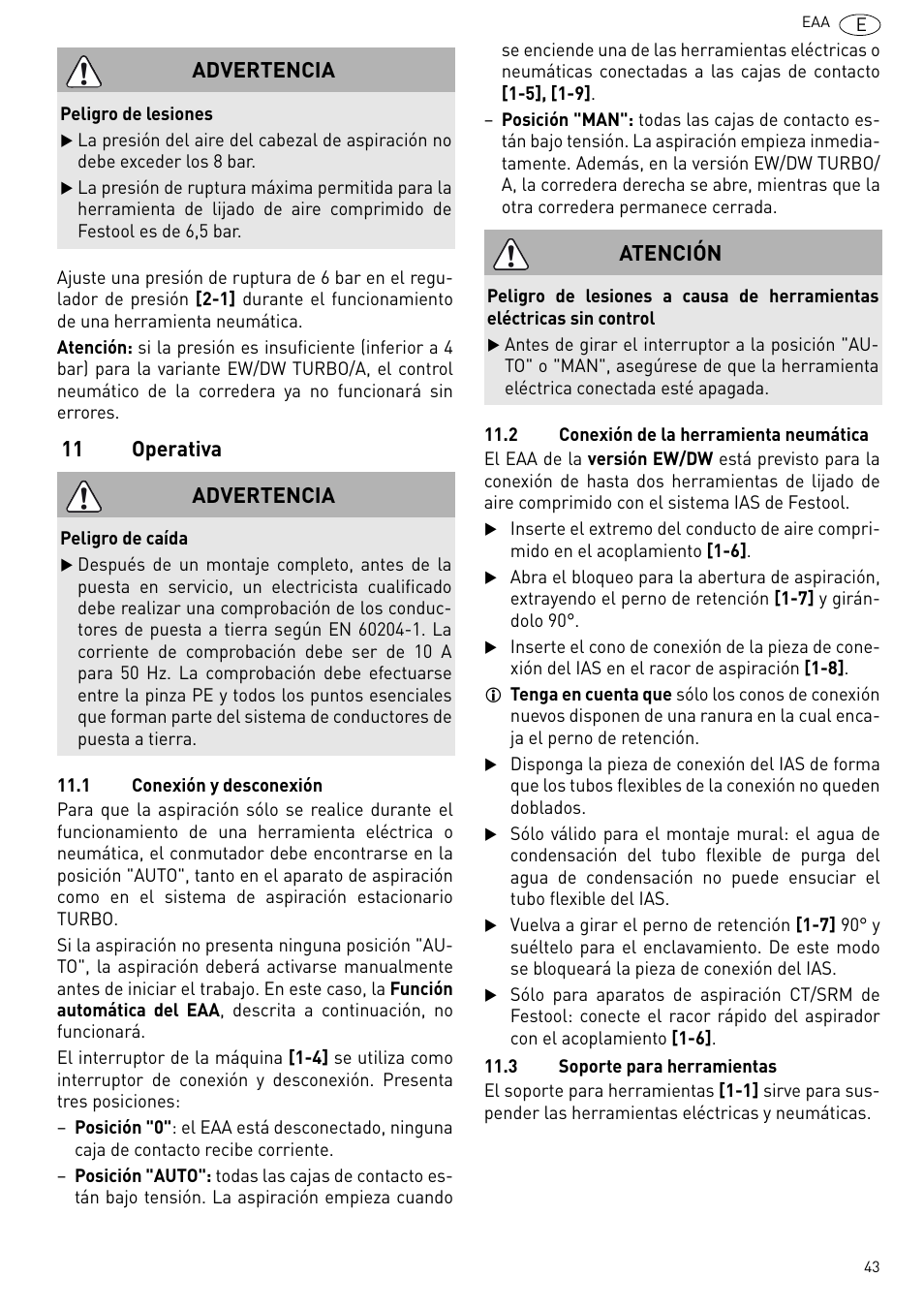 11 operativa, Advertencia, Atención | Festool Power box User Manual | Page 43 / 164