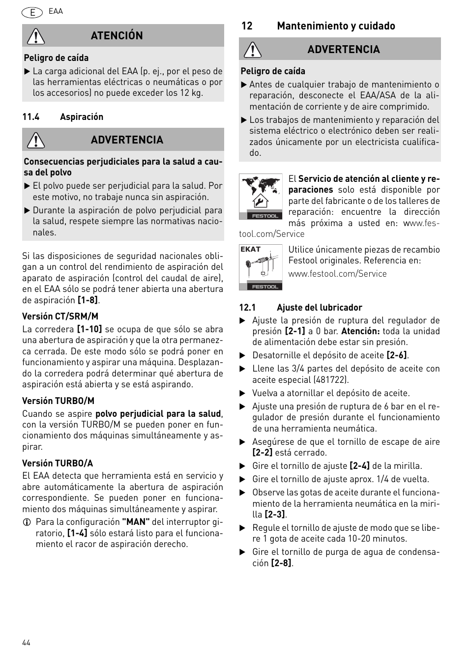 12 mantenimiento y cuidado, Atención, Advertencia | Festool Power box User Manual | Page 44 / 164