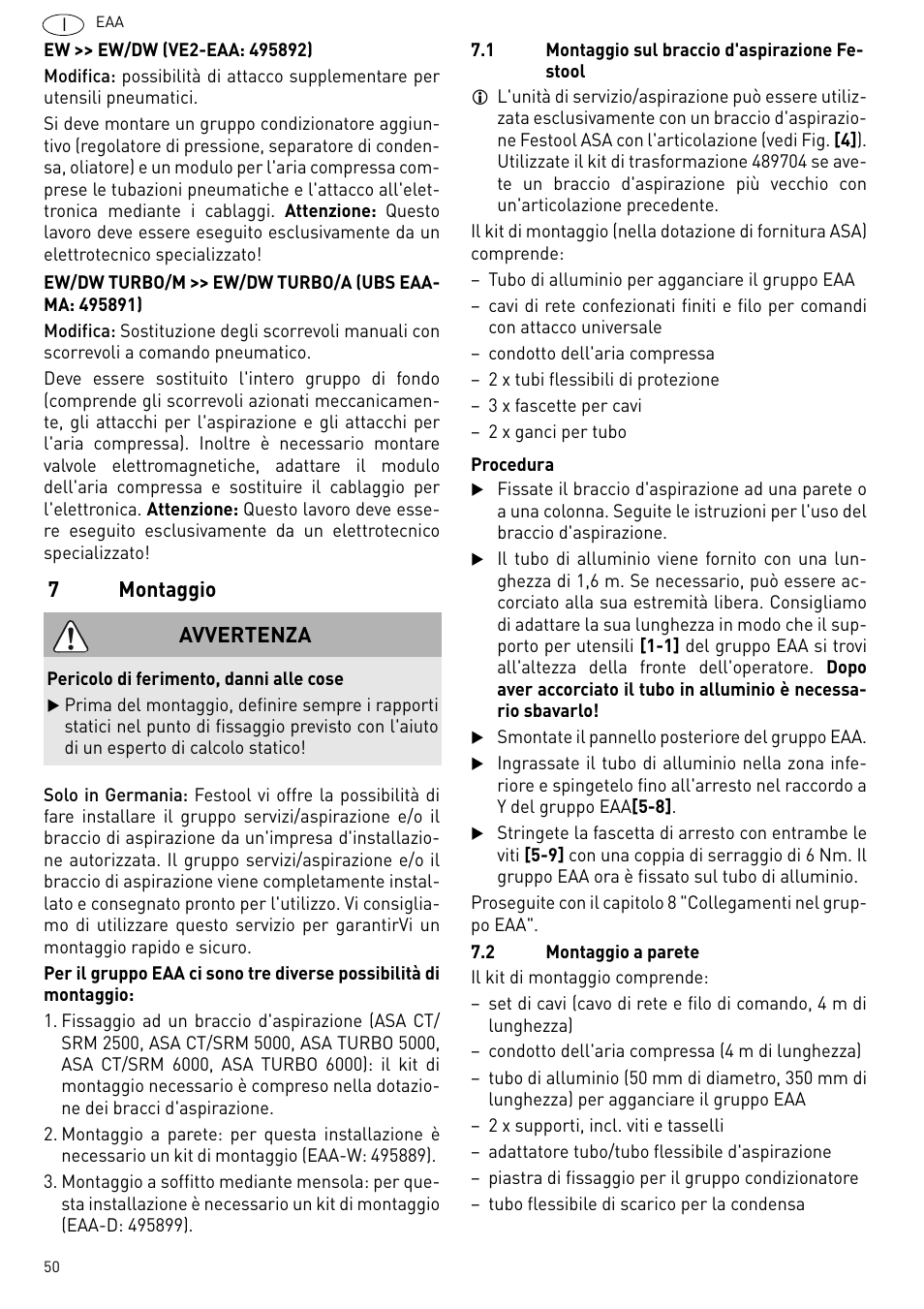 Montaggio, 7montaggio, Avvertenza | Festool Power box User Manual | Page 50 / 164