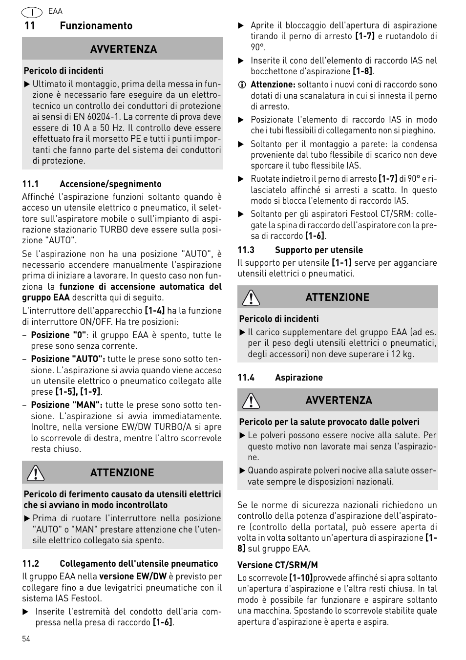 Funzionamento, 11 funzionamento, Avvertenza | Attenzione | Festool Power box User Manual | Page 54 / 164