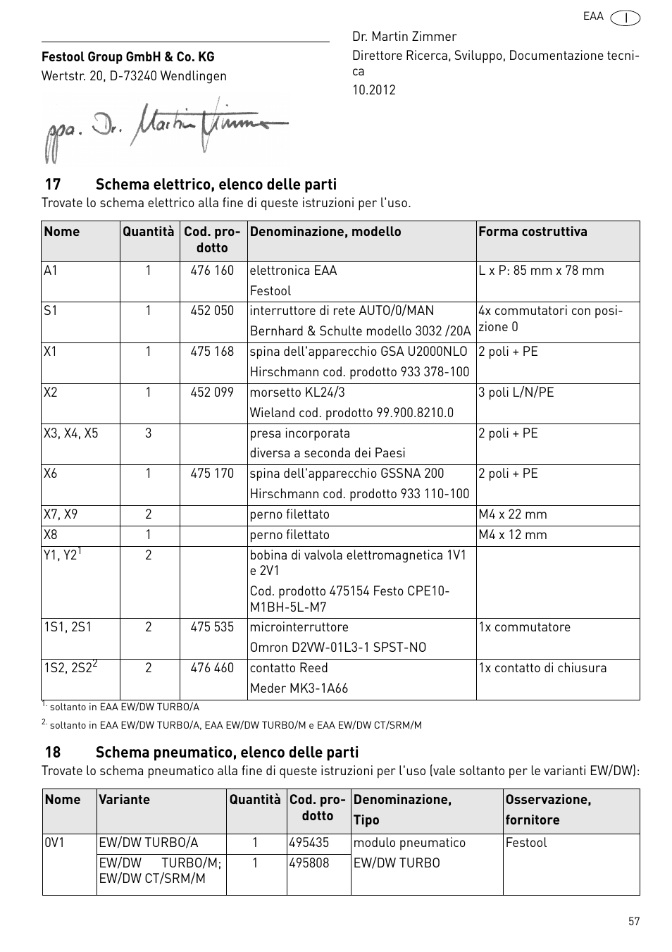 Schema elettrico, elenco delle parti, Schema pneumatico, elenco delle parti 57 | Festool Power box User Manual | Page 57 / 164