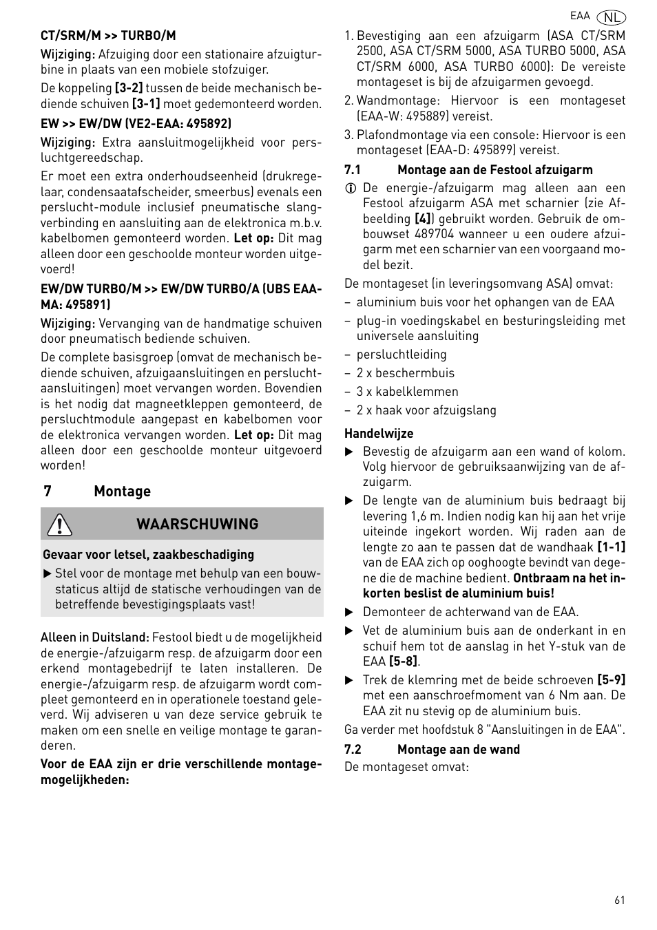 Montage, 7montage, Waarschuwing | Festool Power box User Manual | Page 61 / 164