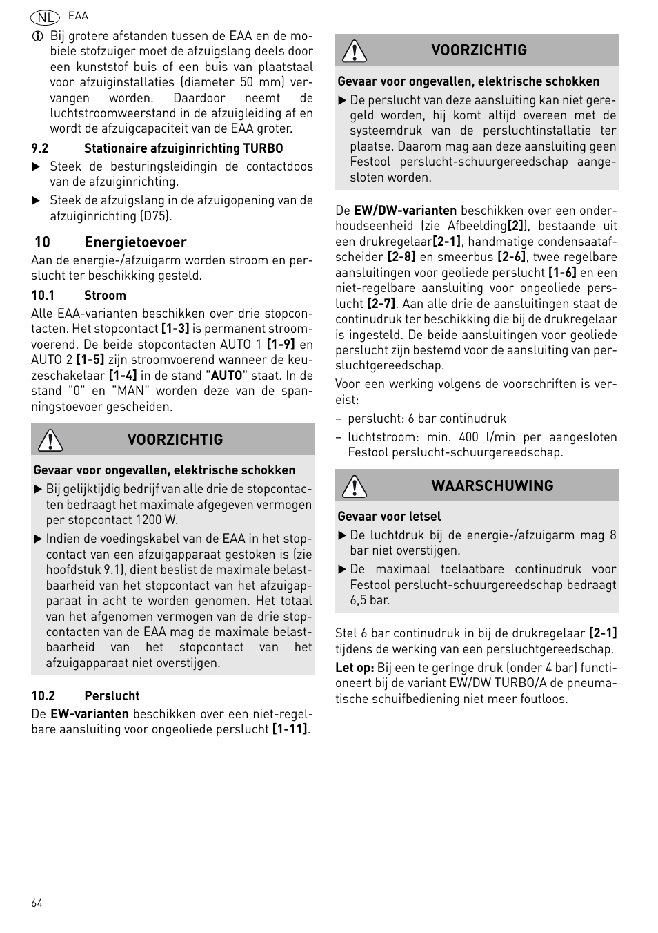 Energietoevoer, 10 energietoevoer, Voorzichtig | Waarschuwing | Festool Power box User Manual | Page 64 / 164