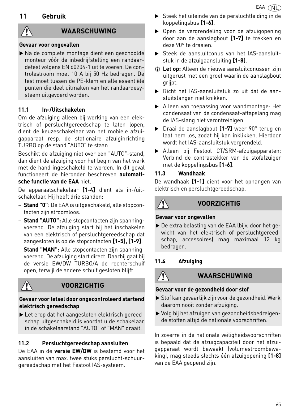 Gebruik, 11 gebruik, Waarschuwing | Voorzichtig | Festool Power box User Manual | Page 65 / 164