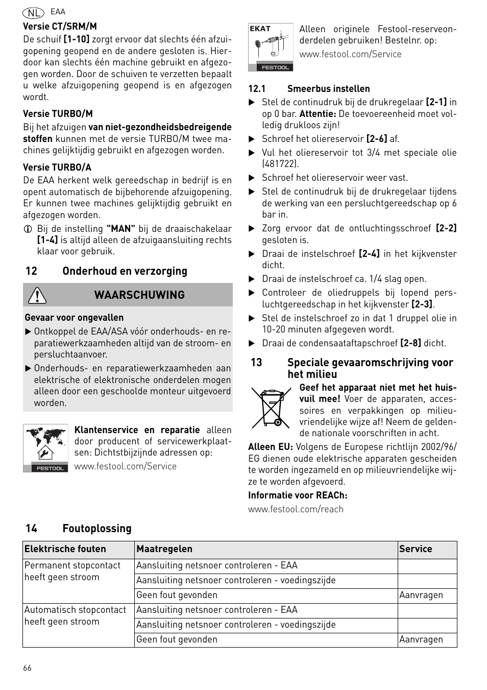 Onderhoud en verzorging, Speciale gevaaromschrijving voor het milieu, Foutoplossing | 12 onderhoud en verzorging, 13 speciale gevaaromschrijving voor het milieu, 14 foutoplossing waarschuwing | Festool Power box User Manual | Page 66 / 164