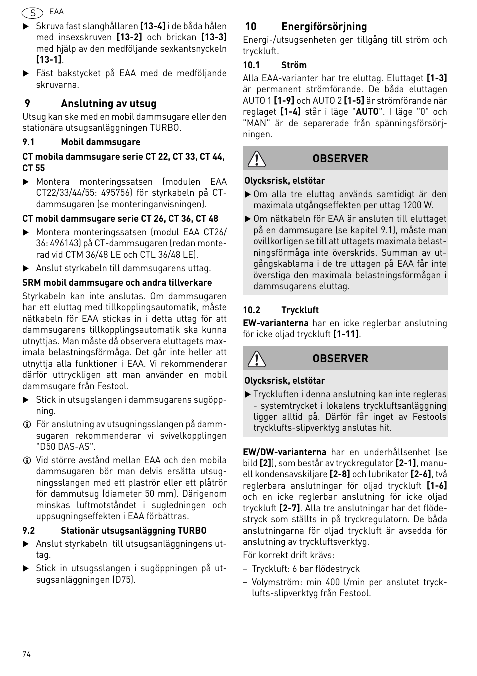 Anslutning av utsug, 10 energiförsörjning, 9anslutning av utsug | Observer | Festool Power box User Manual | Page 74 / 164