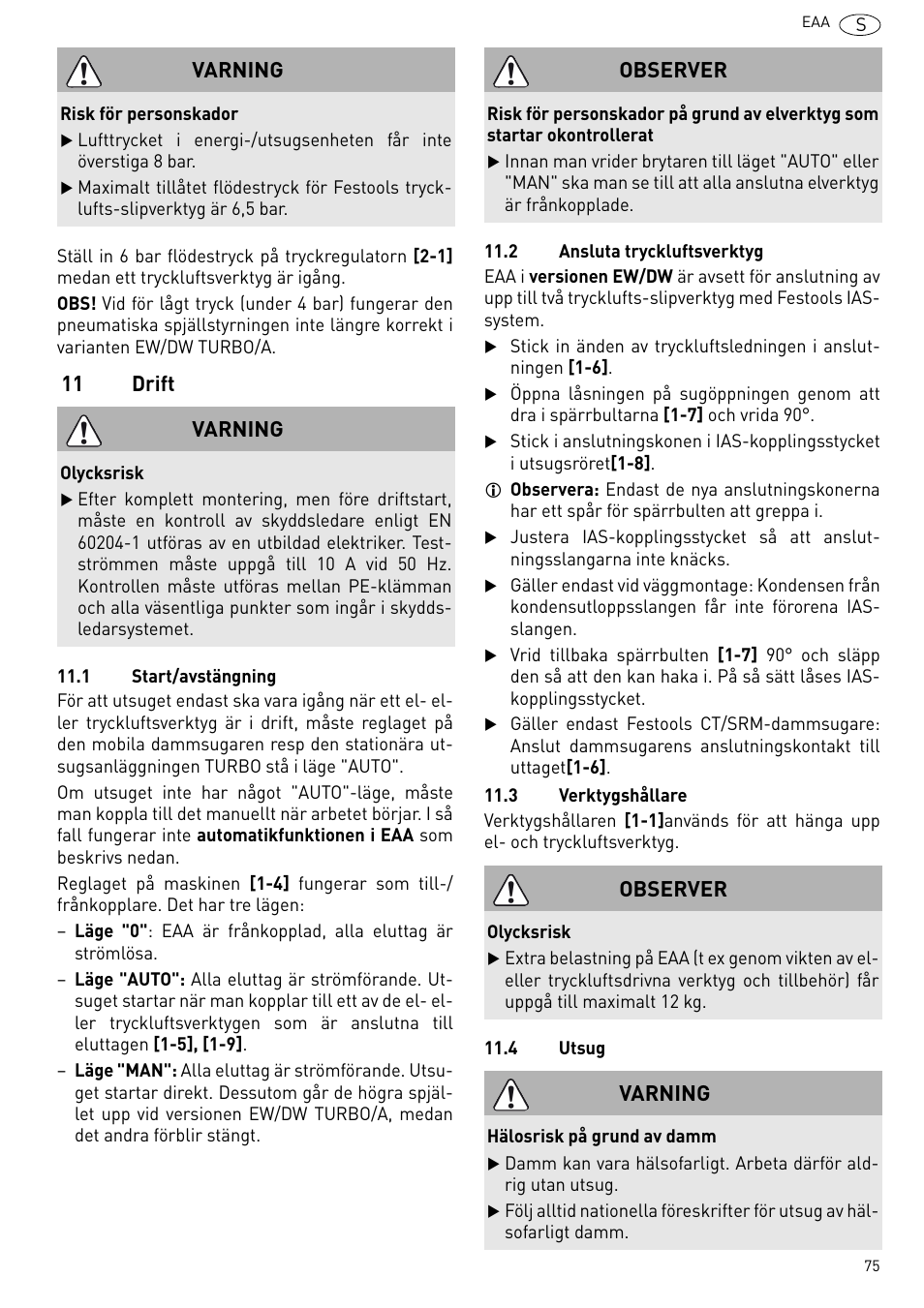 11 drift, Varning, Observer | Festool Power box User Manual | Page 75 / 164