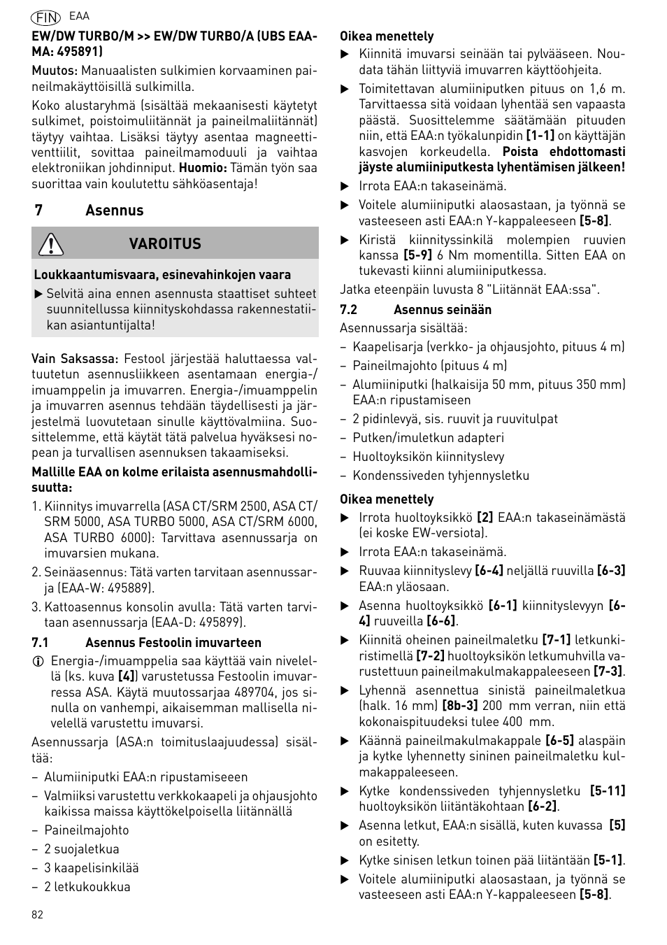 Asennus, 7asennus, Varoitus | Festool Power box User Manual | Page 82 / 164