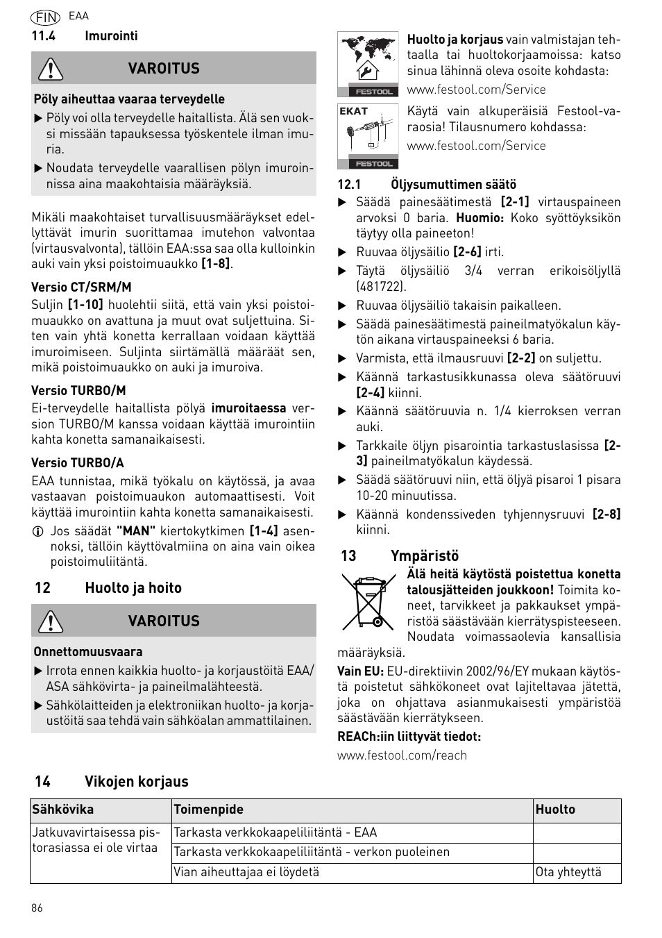 Huolto ja hoito, Ympäristö, Vikojen korjaus | 12 huolto ja hoito, 13 ympäristö, 14 vikojen korjaus varoitus, Varoitus | Festool Power box User Manual | Page 86 / 164