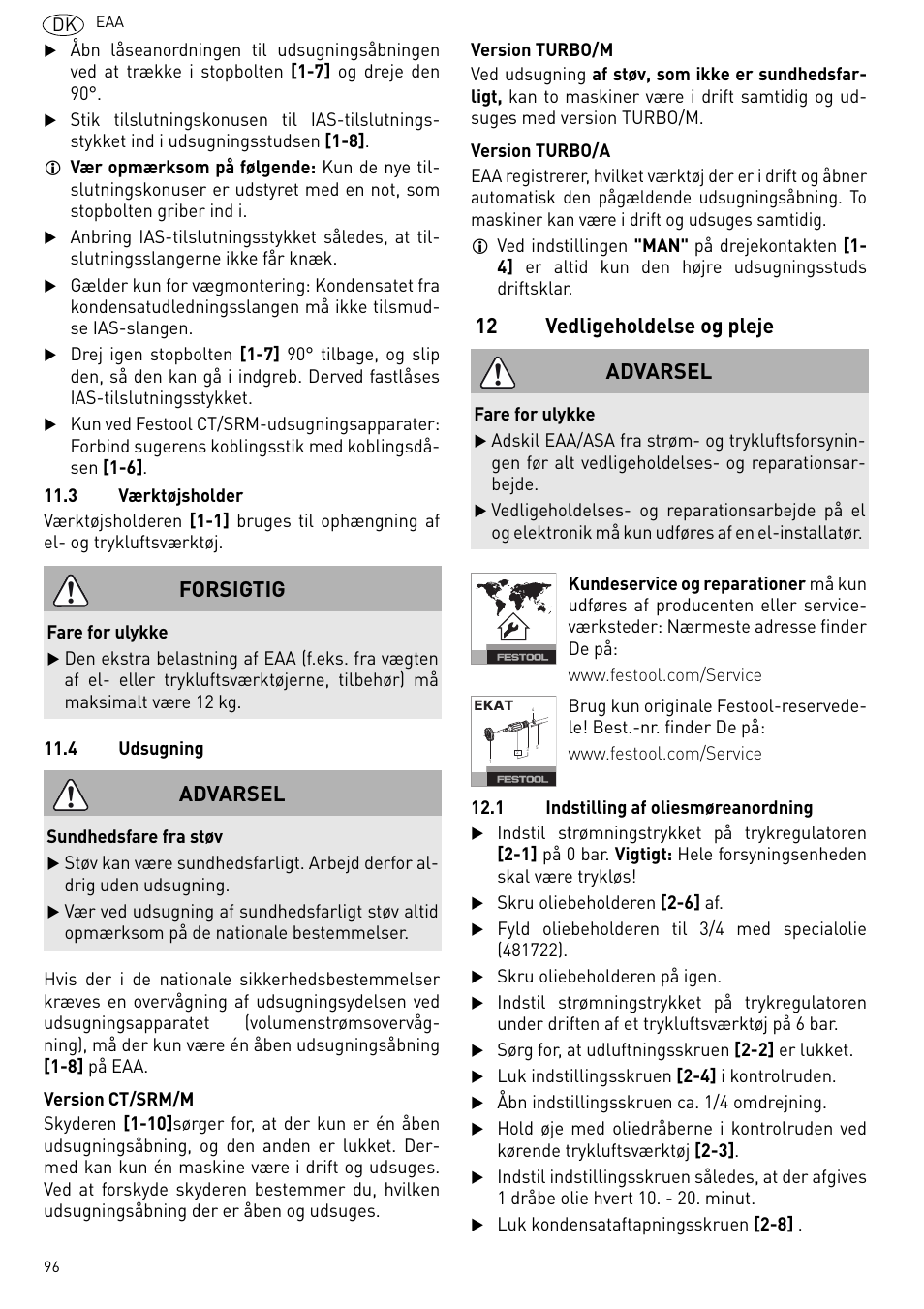 Vedligeholdelse og pleje, 12 vedligeholdelse og pleje, Forsigtig | Advarsel | Festool Power box User Manual | Page 96 / 164