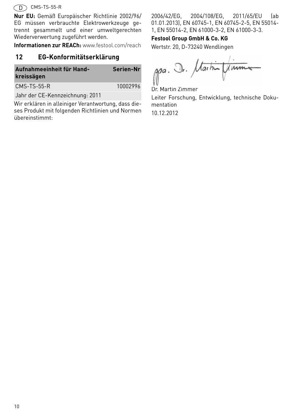 12 eg-konformitätserklärung | Festool CMS TS 55 User Manual | Page 10 / 76