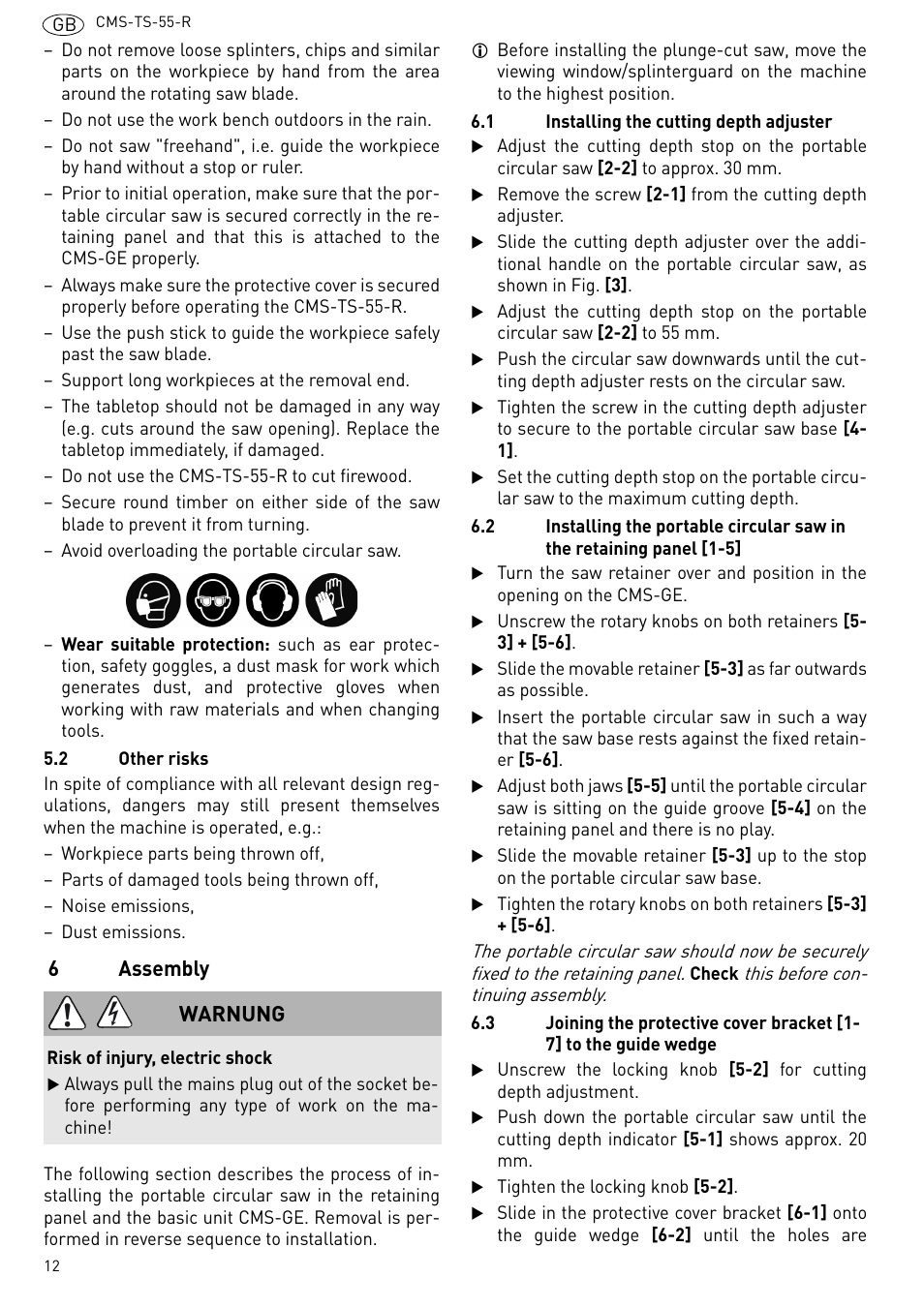Assembly, 6assembly, Warnung | Festool CMS TS 55 User Manual | Page 12 / 76